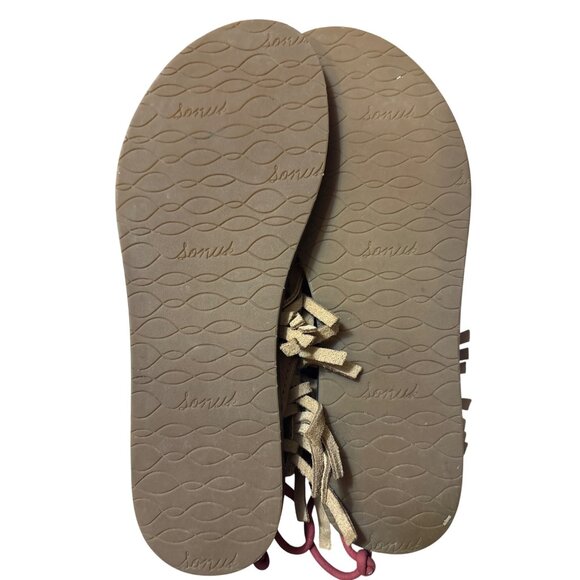 Sanuk Womens Size 6 Fringe Sandals Tan Suede With Rubber Sole Made In Vietnam - Picture 5 of 6